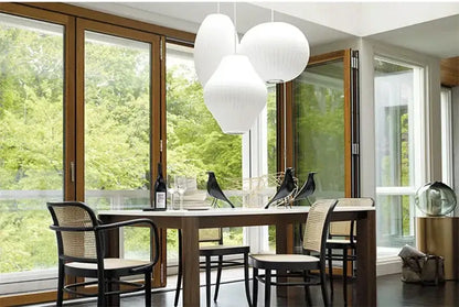 White spherical DecorBites™ silk LED pendant lamp with ribbed texture modern designer pendant lamp lighting