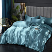 Teal satin decorbites silk luxury bedding set with smooth glossy finish pcs duvet cover and matching pillows for width bed