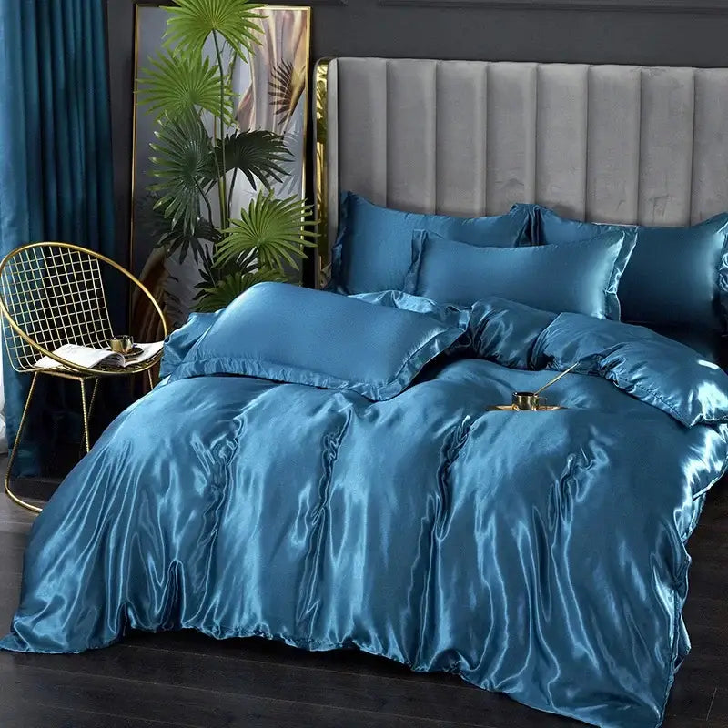 Luxurious teal satin silk luxury bedding set with glossy finish includes pcs duvet cover and matching pillows