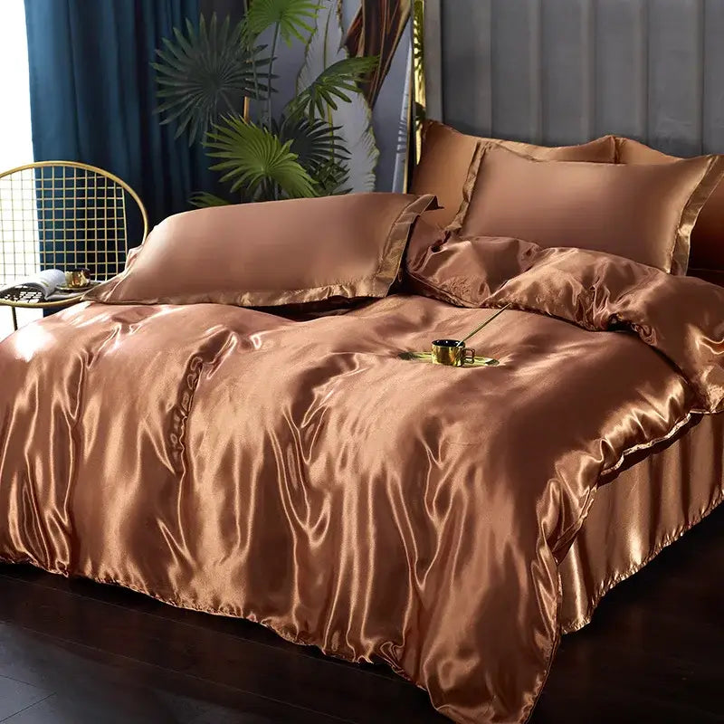 Luxurious rose gold satin bedding set with matching pcs duvet cover featuring a smooth glossy finish by DecorBites silk luxury