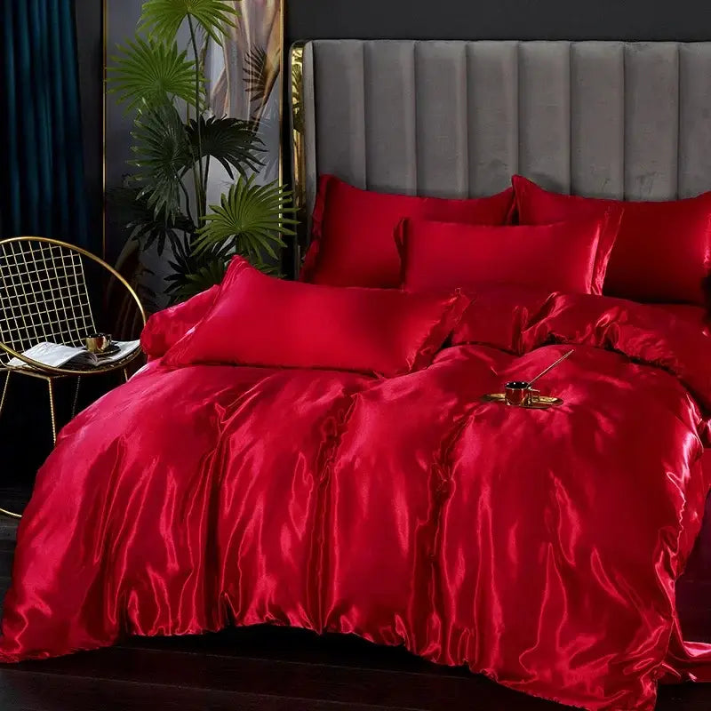 DecorBites™ silk luxury bedding set pcs duvet cover in lustrous crimson satin with smooth reflective finish