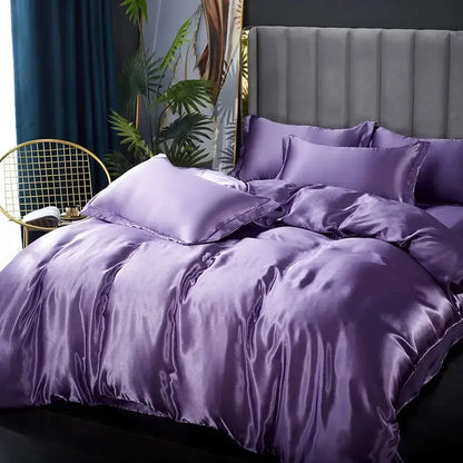 Decorbites™ silk luxury bedding set pcs duvet cover in lustrous lavender satin with smooth reflective finish