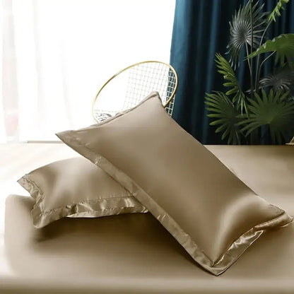 Beige satin pillowcases with subtle sheen and stitched edges from decorbites silk luxury bedding set pcs duvet cover options