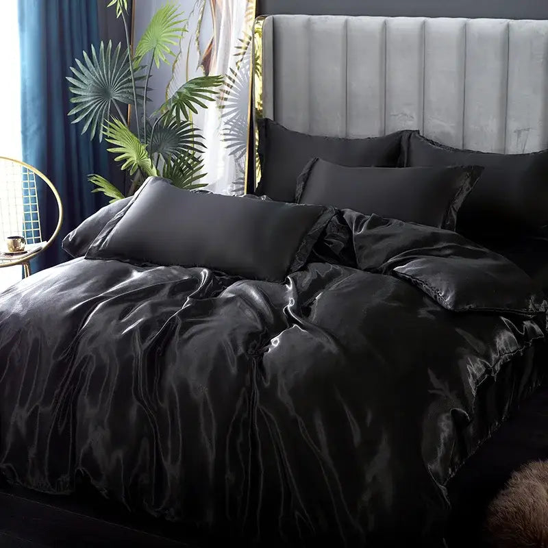 Black satin decorbites silk luxury bedding set with glossy smooth texture and elegant draping duvet cover pcs duvet cover