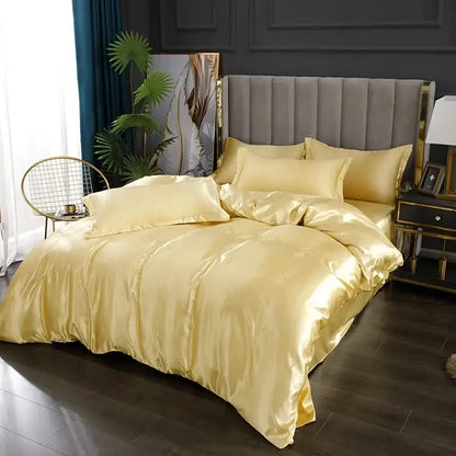 Golden satin DecorBites™ silk luxury bedding set with duvet cover pcs featuring a luxurious sheen and matching pillows