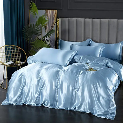 Light blue satin DecorBites silk luxury bedding set with glossy finish duvet cover and matching pcs duvet cover pillows