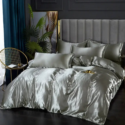 Decorbites silk luxury bedding set in silver satin with glossy finish includes duvet cover and matching pillows
