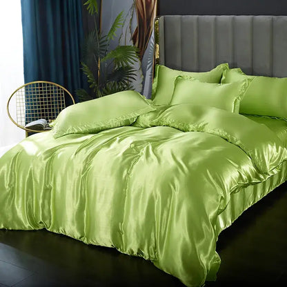 Lush lime green satin silk luxury bedding set with glossy smooth finish includes duvet cover pcs duvet cover options