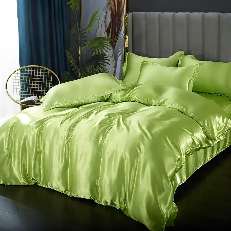Lush lime green satin silk luxury bedding set with glossy duvet cover and matching pcs duvet cover pillows by decorbites