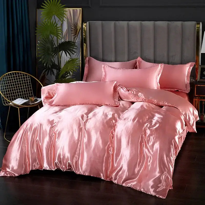 Pink satin silk luxury bedding set with glossy finish includes pcs duvet cover and matching pillowcases by decorbites