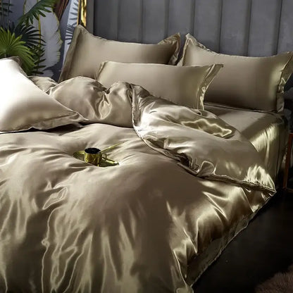 DecorBites™ silk luxury bedding set in rich gold satin sheen featuring matching pcs duvet cover and pillows