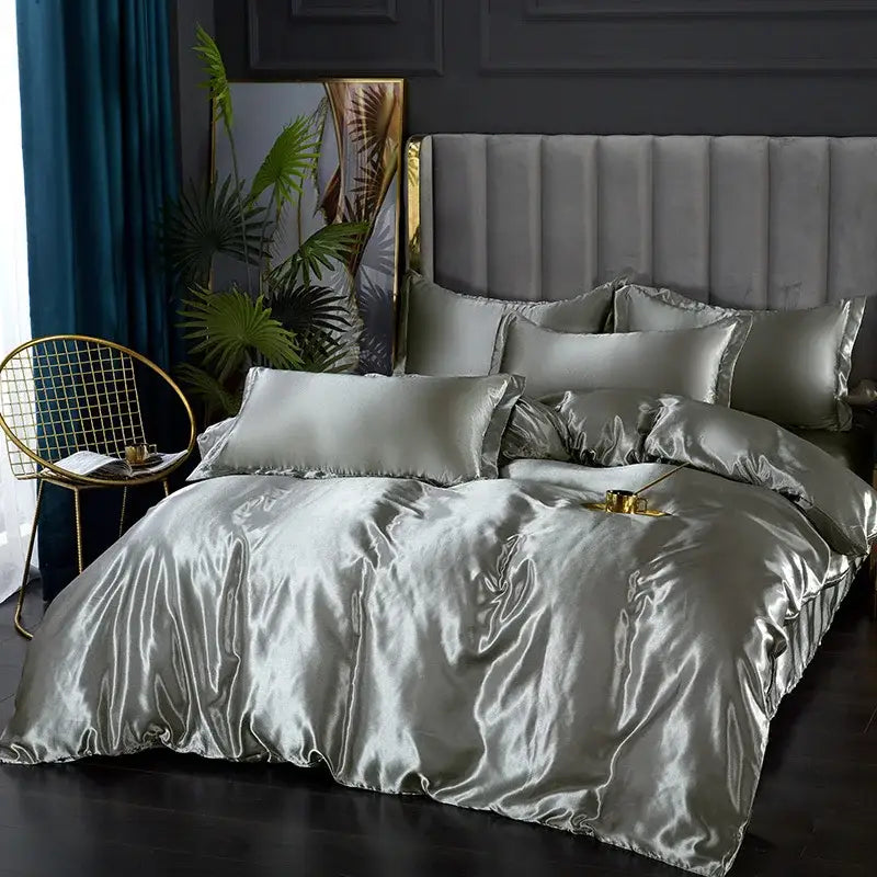 Decorbites™ silk luxury bedding set pcs duvet cover in sleek silver satin with matching pillows and luxurious sheen