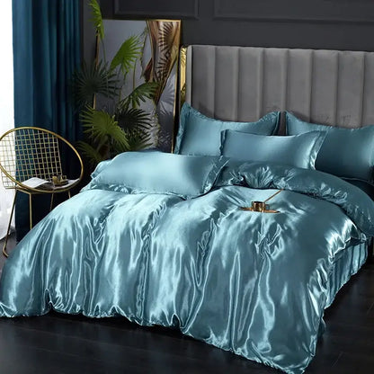 Decorbites silk luxury bedding set teal pcs duvet cover with smooth glossy satin finish and matching pillows