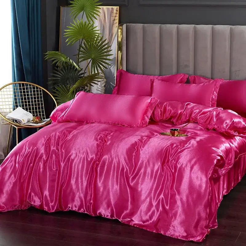 Vibrant fuchsia satin duvet cover with a glossy luxurious finish from decorbites silk luxury bedding set pcs duvet cover