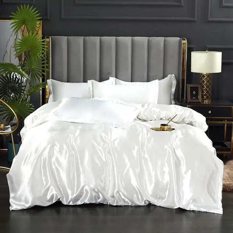 Decorbites silk luxury bedding set solid color white satin pcs duvet cover with smooth glossy finish and matching pillowcases