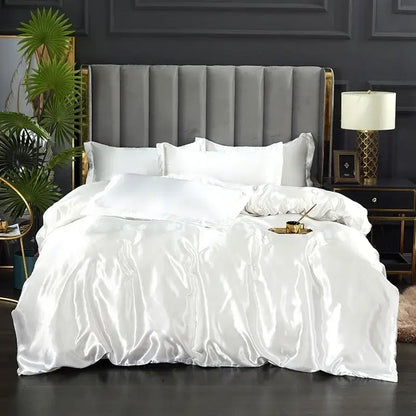 Decorbites silk luxury bedding set solid color white satin pcs duvet cover with smooth glossy finish and matching pillowcases