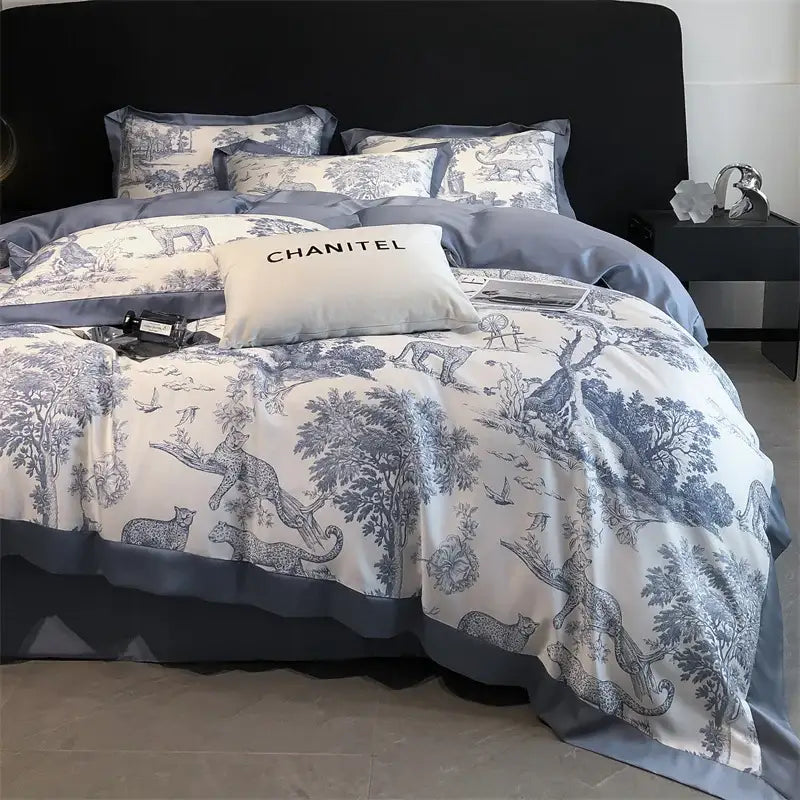 Blue and white toile-patterned satin duvet cover and chanitel pillow from decorbites silky eucalyptus fiber bedding set forest leopard