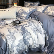 Blue and white toile-patterned satin duvet cover set with subtle sheen made of silky eucalyptus fiber by DecorBites