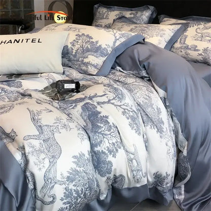 Blue and white toile-patterned satin duvet cover set with subtle sheen made of silky eucalyptus fiber by DecorBites