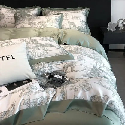 Elegant sage green and white satin duvet cover and bed sheet set with toile leopards print made of eucalyptus fiber