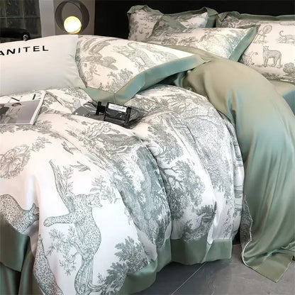 Elegant sage green and white DecorBites™ eucalyptus fiber duvet cover and bed sheet with forest leopard print on satin