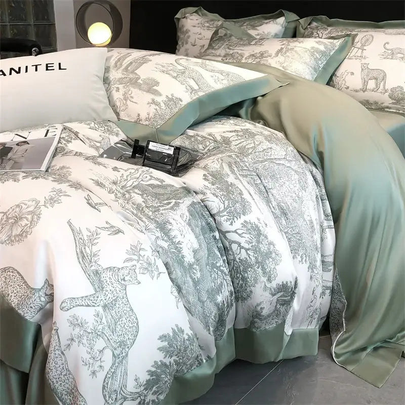 Elegant sage green and white DecorBites™ eucalyptus fiber duvet cover and bed sheet with forest leopard print on satin