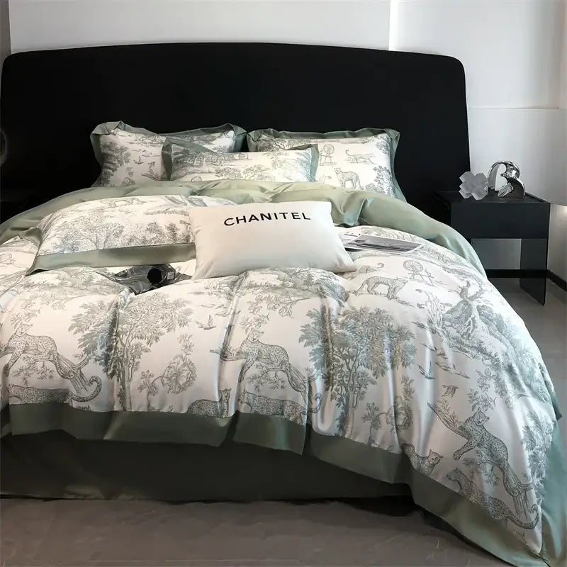 Decorbites silky eucalyptus fiber bedding set with duvet cover and bed sheet in sage green with forest leopard toile print