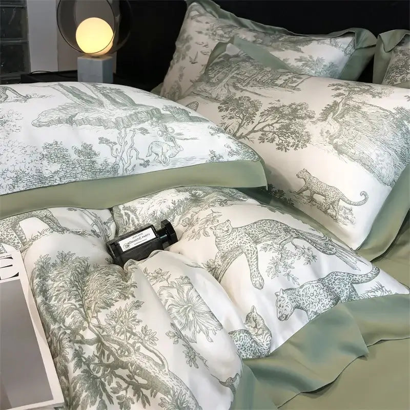 Decorbites silky eucalyptus fiber duvet cover and bed sheet set in soft sage green with toile-style forest leopard print