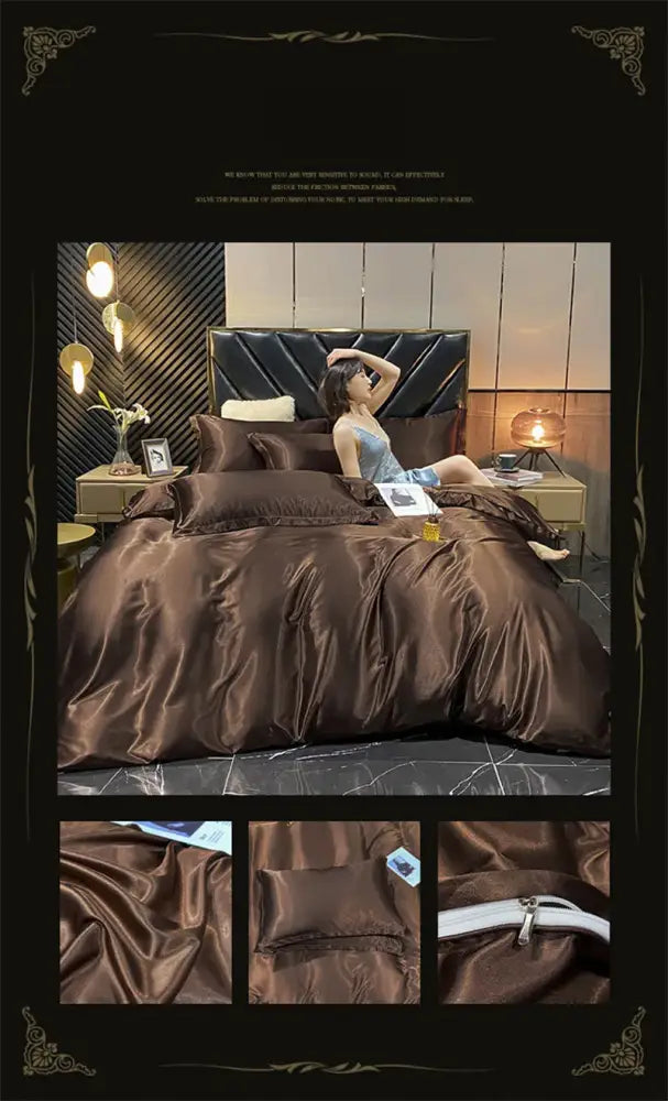 Rich chocolate brown satin duvet cover bedding set with glossy luxurious finish by decorbites silky mulberry silk queen king size pcs duvet cover