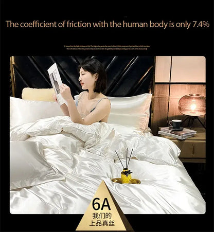 White satin duvet cover with smooth glossy finish and elegant folds from decorbites silky mulberry silk bedding set