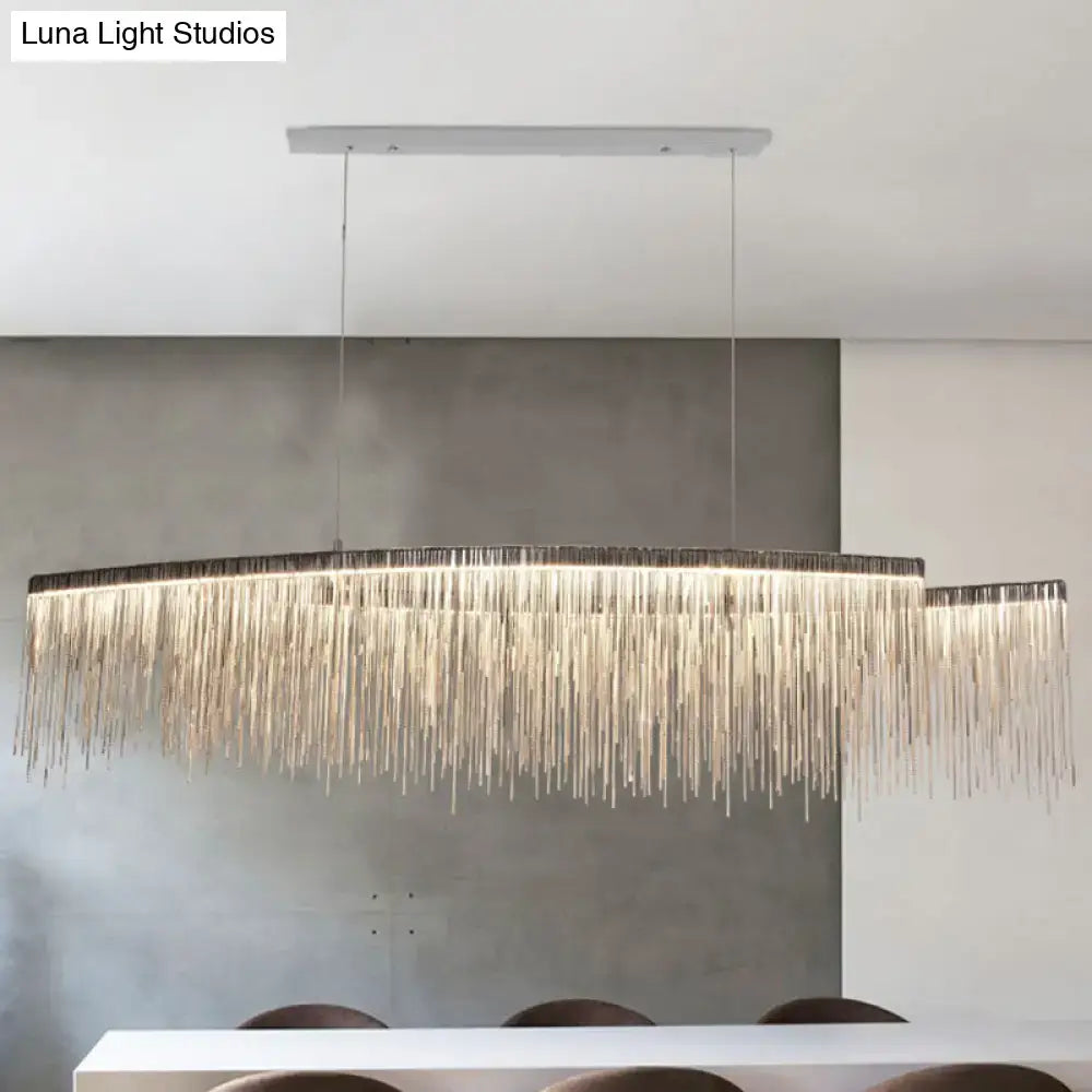 Modern rectangular decorbites™ chain led pendant with cascading golden metallic tassel chains and sleek white ceiling mount