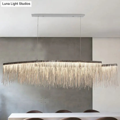 Modern rectangular decorbites™ chain led pendant with cascading golden metallic tassel chains and sleek white ceiling mount