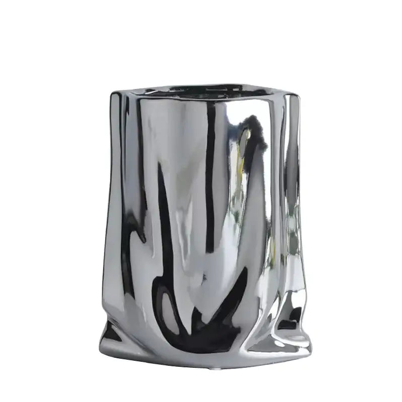DecorBites™ silver ruffled flower vase in shiny silver ceramic with textured irregular surface for elegant decor