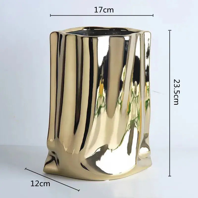 DecorBites silver ruffled ceramic flower vase in gold with glossy finish and vertical ridged design