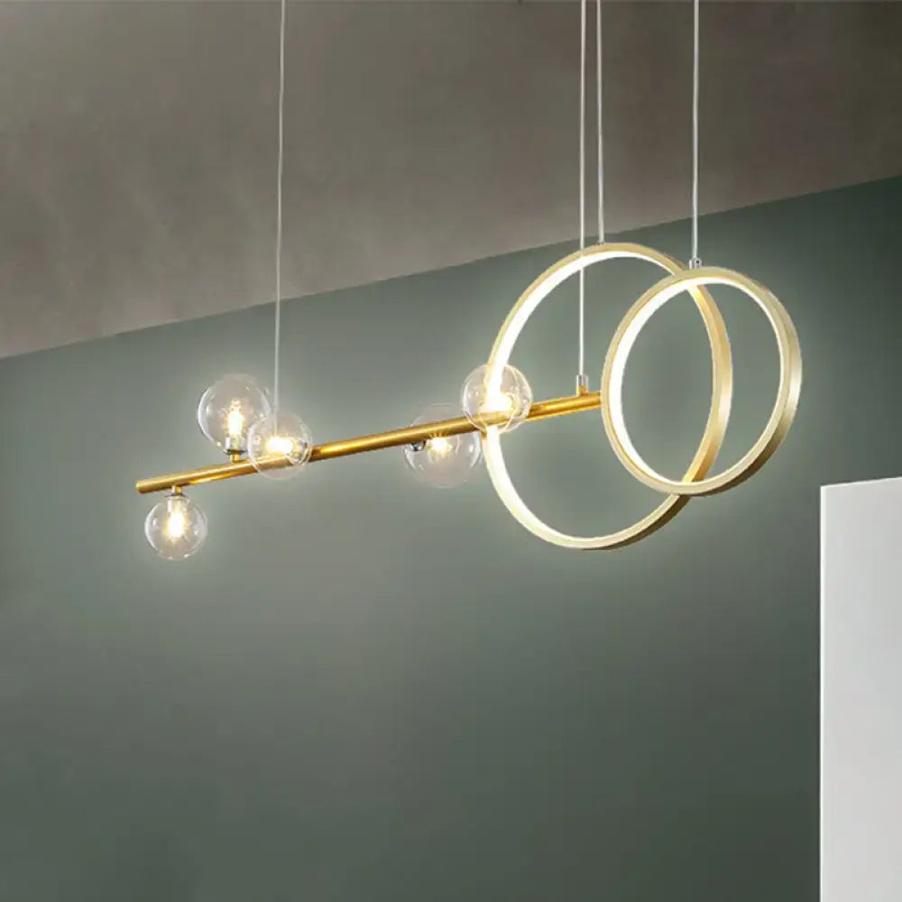 DecorBites™ simple 5-head LED island ceiling light fixture in gold with interlocking rings and clear glass sphere bulbs