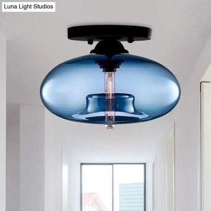 DecorBites simple style blue glass oval flush mount pendant light with black metal ceiling mount for hallway lighting