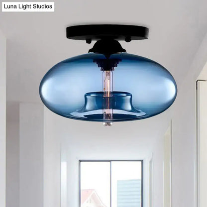 Decorbites™ blue glass oval flush mount pendant light with black metal ceiling mount for hallway lighting