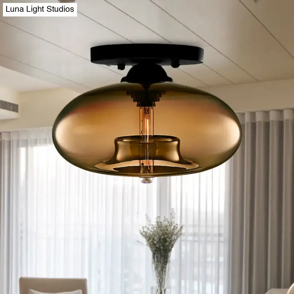 DecorBites™ simple style amber glass oval flush mount lamp with black metal mount and filament bulb for hallway lighting