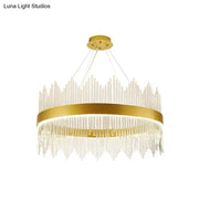 Gold-toned decorbites™ simplicity crystal pendant light with clear glass rods and illuminated ring band for living room