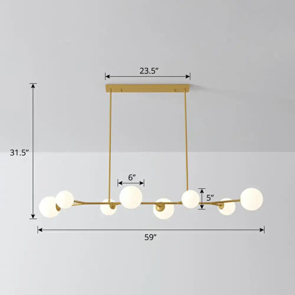 Modern gold-toned DecorBites™ molecular island ceiling light with six opal glass globes for dining rooms suspension