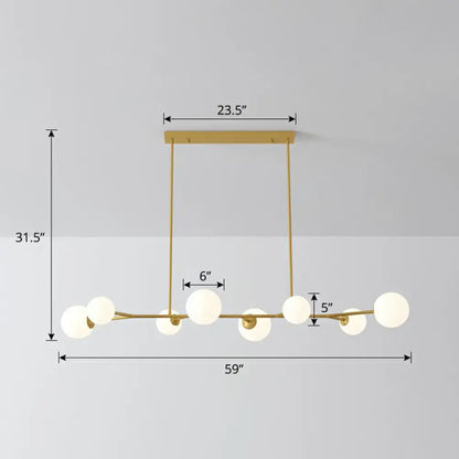 Modern gold-toned DecorBites™ molecular island ceiling light with six opal glass globes for dining rooms suspension