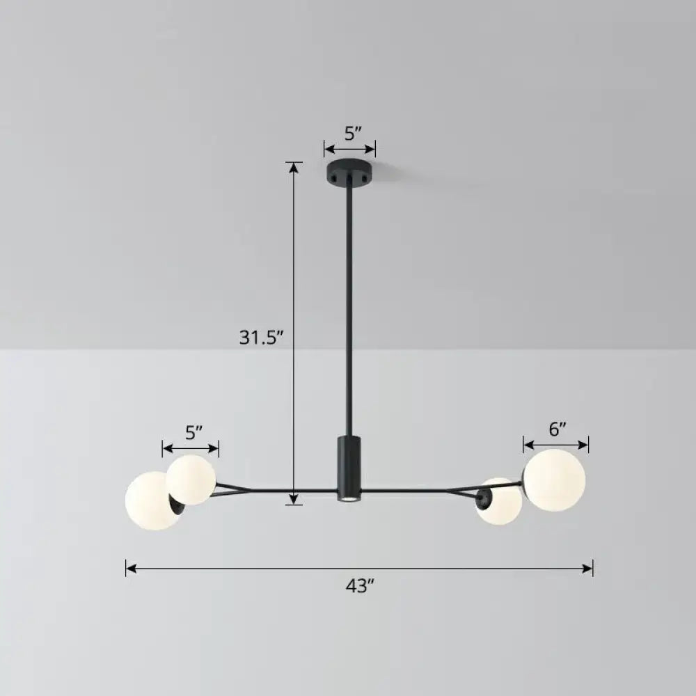 Modern black metal molecular island chandelier with four opal glass globe lights for dining rooms ceiling suspension