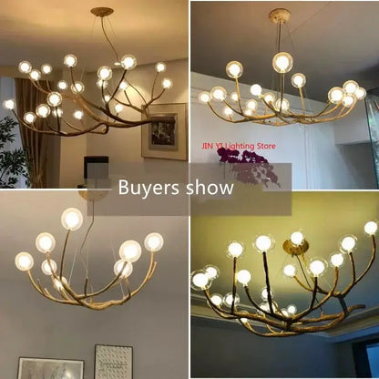 DecorBites™ simulation iron tree branch bubble chandelier in antique brass with glass bulbs on iron tree branch arms