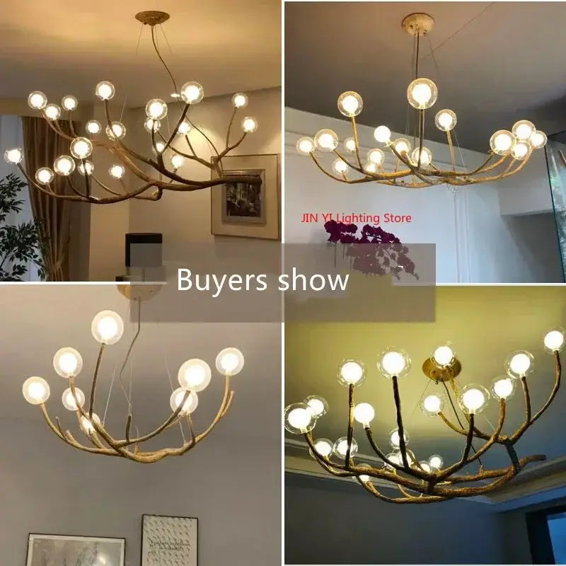 DecorBites™ simulation iron tree branch bubble chandelier in antique brass with glass bulbs on iron tree branch arms