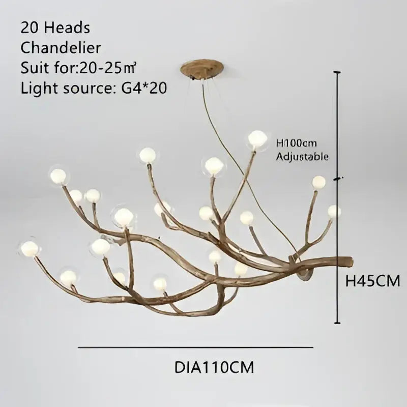 Bronze-colored DecorBites™ iron tree branch chandelier with frosted glass globe lights for elegant indoor decor