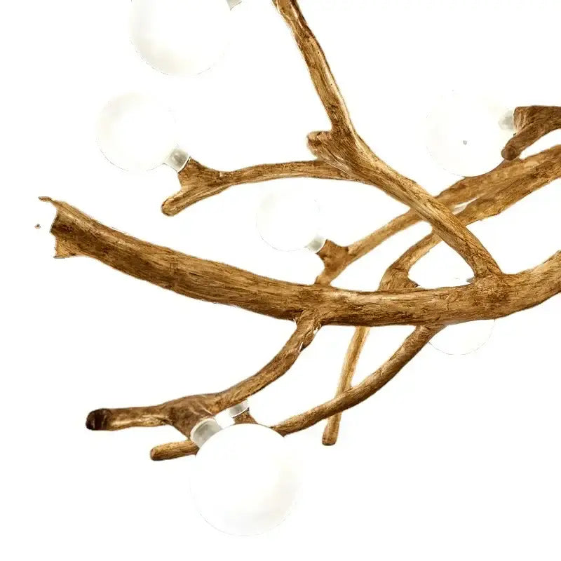 DecorBites™ simulation iron tree branch bubble chandelier in rustic light brown driftwood with clear spherical bulbs