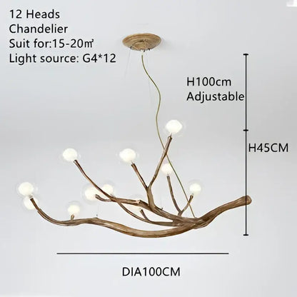 Decorbites™ simulation iron tree branch chandelier with 12 frosted glass globe lights in rustic brown wood and iron tree design