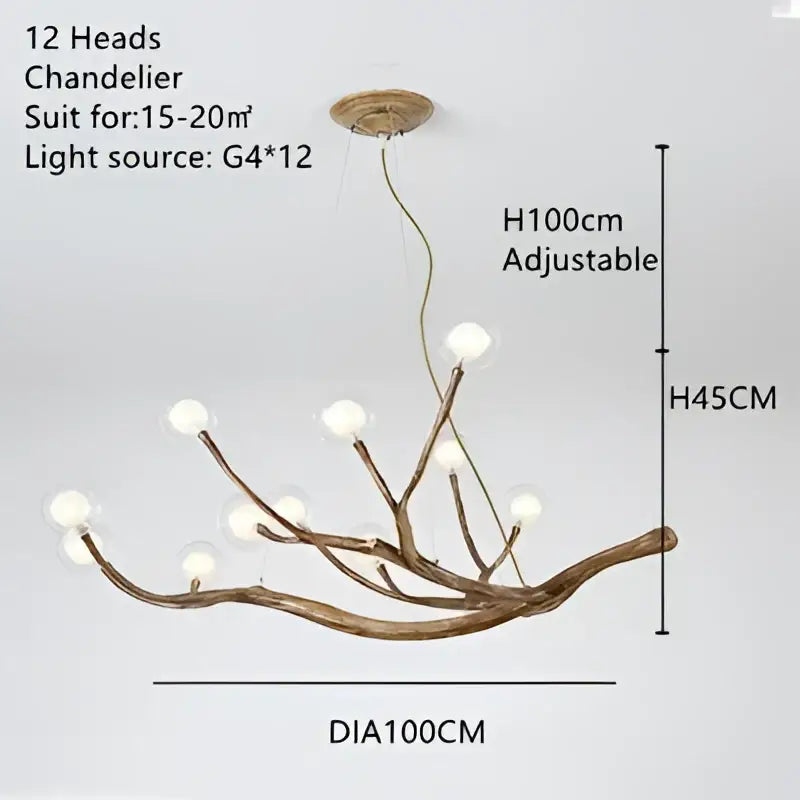 Decorbites™ simulation iron tree branch chandelier with 12 frosted glass globe lights in rustic brown wood and iron tree design