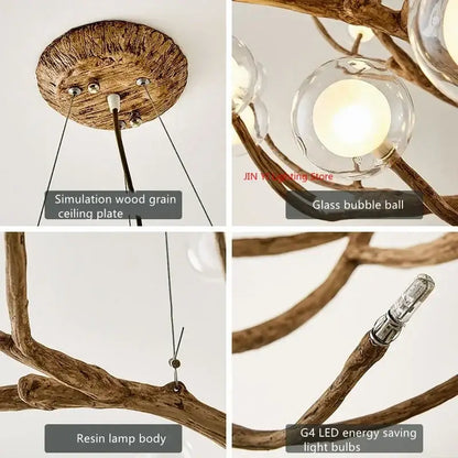 Decorbites™ simulation iron tree branch bubble chandelier with resin body, natural wood grain plate, and clear glass bulbs