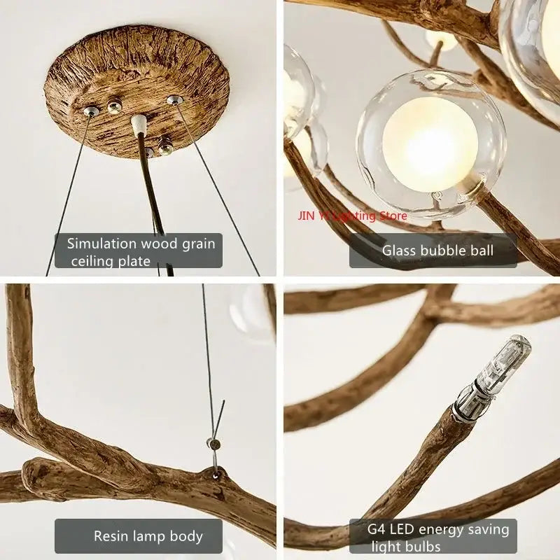 Decorbites™ simulation iron tree branch bubble chandelier with resin body, natural wood grain plate, and clear glass bulbs